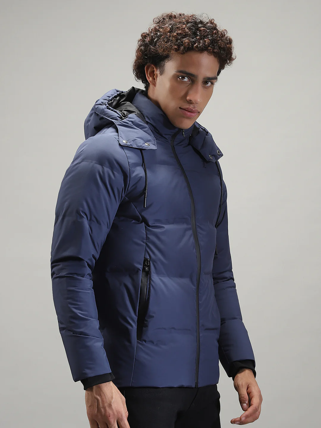 Men Navy Blue Solid Hooded Full Sleeve Jacket - Image 4