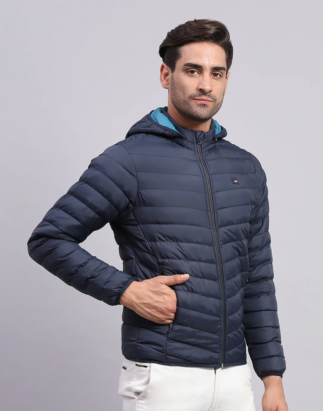 Men Navy Blue Solid Hooded Full Sleeve Jacket - Image 4