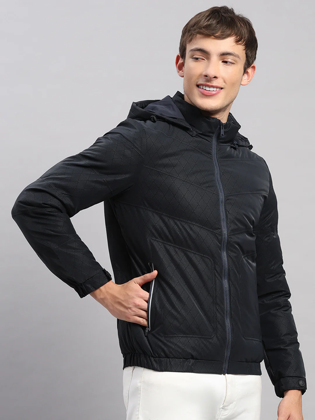 Men Navy Blue Solid Hooded Full Sleeve Jacket - Image 4