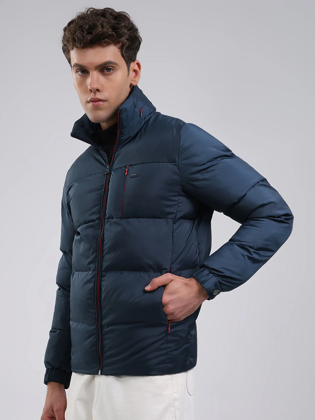 Men Navy Blue Solid Hooded Full Sleeve Jacket - Image 3