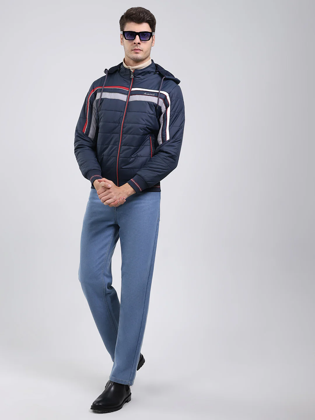 Men Navy Blue Solid Hooded Full Sleeve Jacket - Image 2