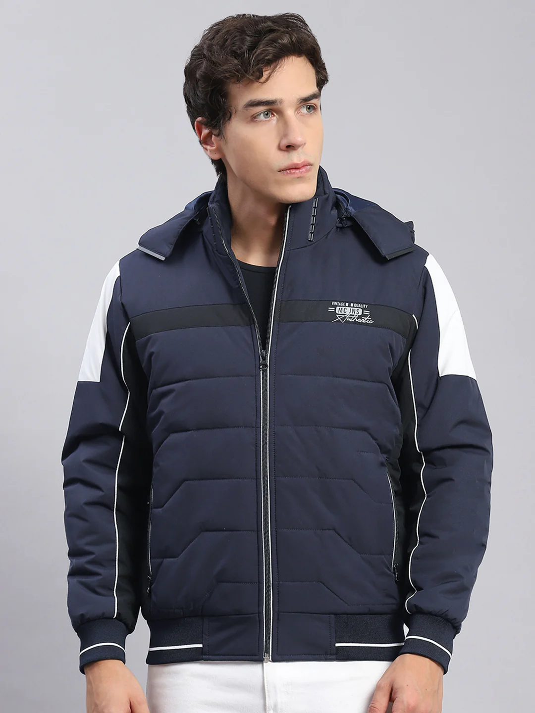Men Navy Blue Solid Hooded Full Sleeve Jackets