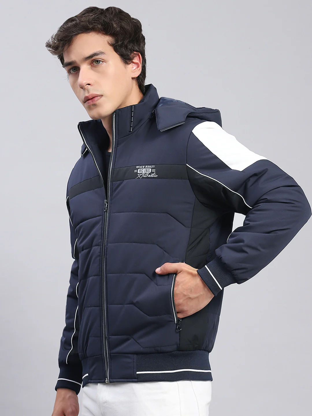 Men Navy Blue Solid Hooded Full Sleeve Jackets - Image 3