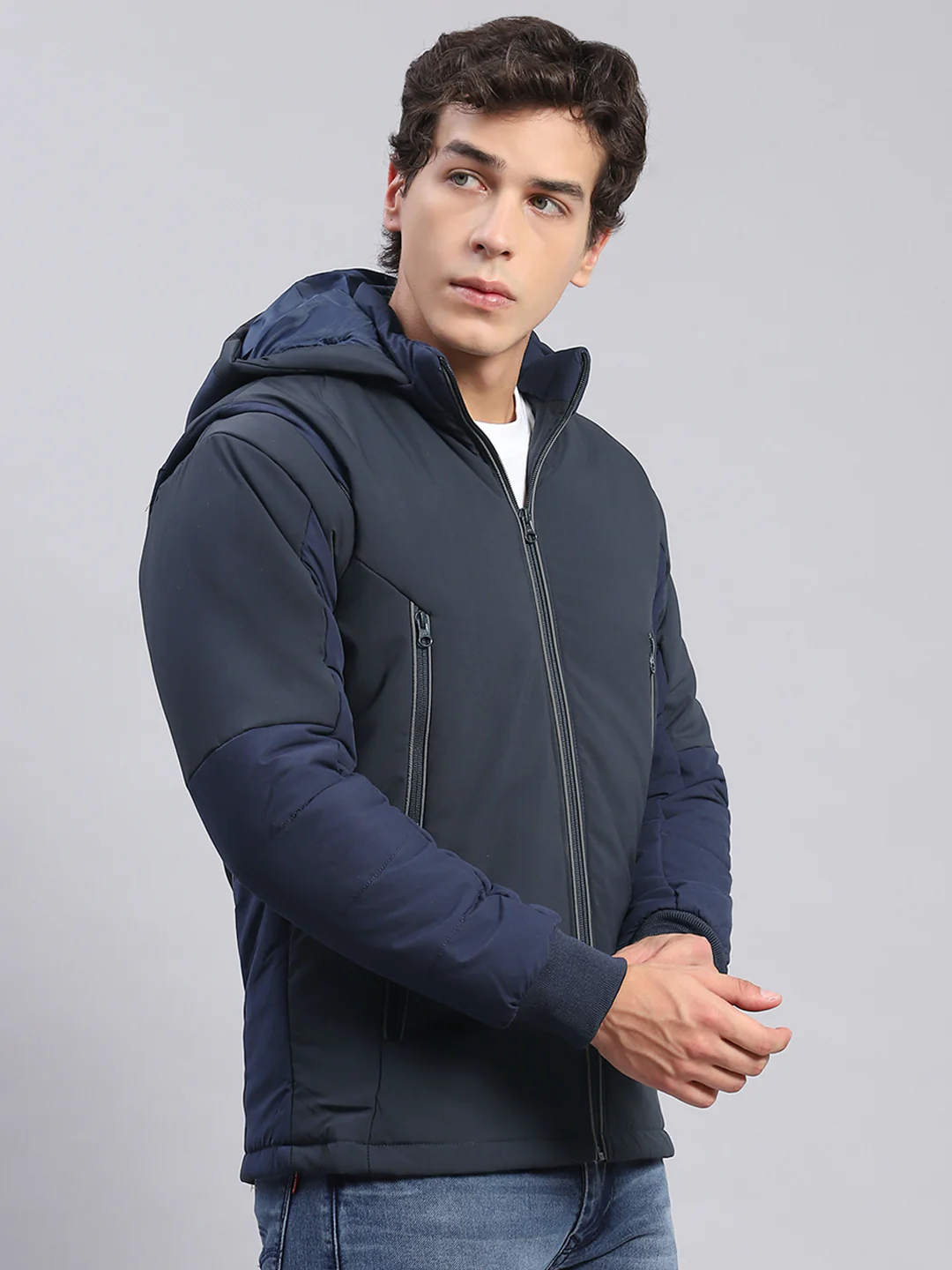 Men Navy Blue Solid Hooded Full Sleeve Jackets - Image 4