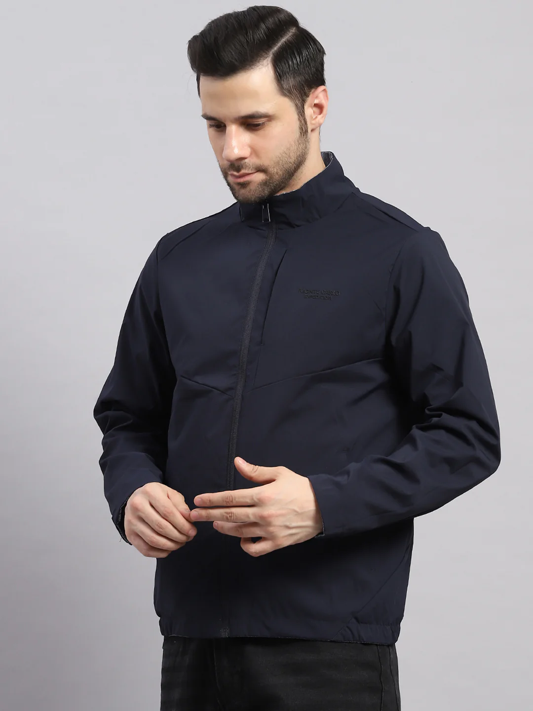 Men Navy Blue Solid Hooded Full Sleeve Reversible Jacket - Image 7