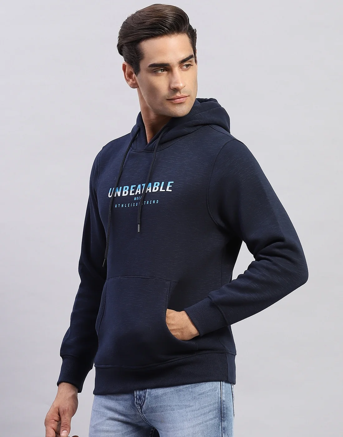 Men Navy Blue Solid Hooded Full Sleeve Sweatshirt - Image 3