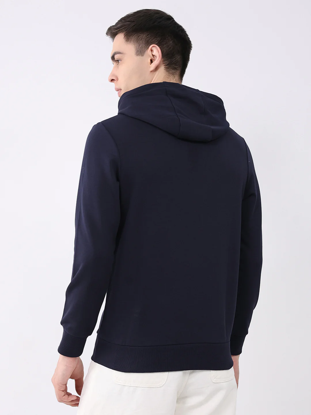 Men Navy Blue Solid Hooded Full Sleeve Sweatshirt - Image 5