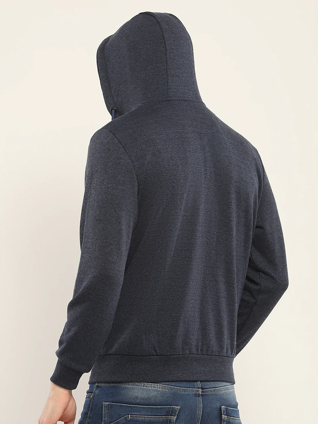 Men Navy Blue Solid Hooded Full Sleeve Sweatshirt - Image 5