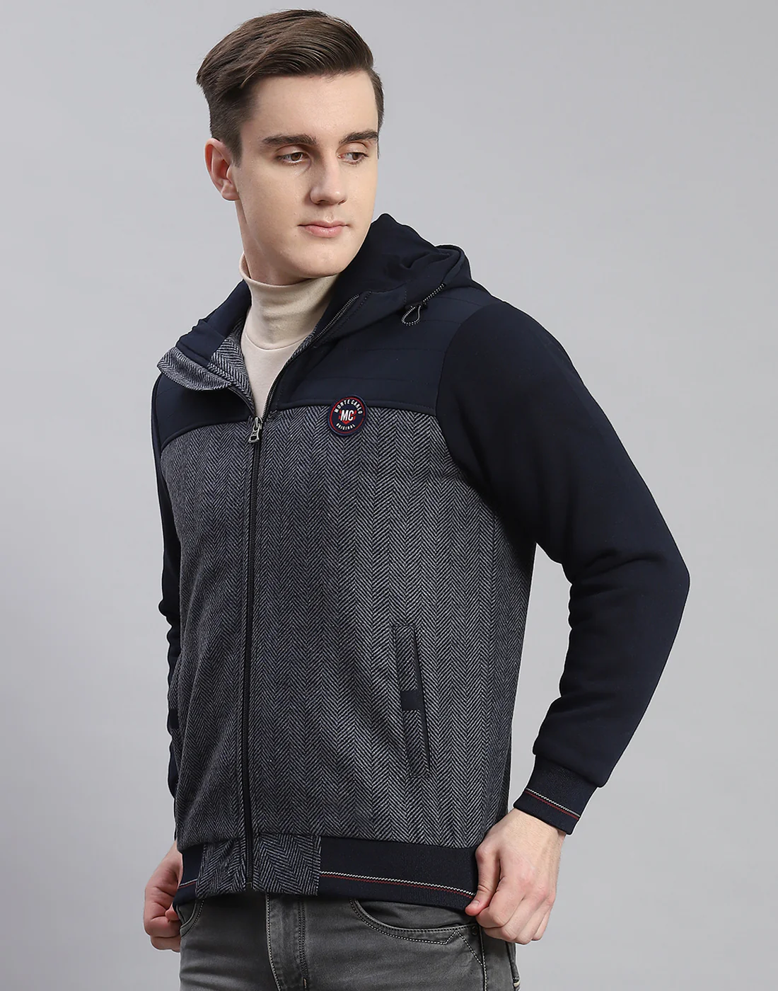 Men Navy Blue Hooded Jacket with Attached Inflatable Neck Pillow - Image 3