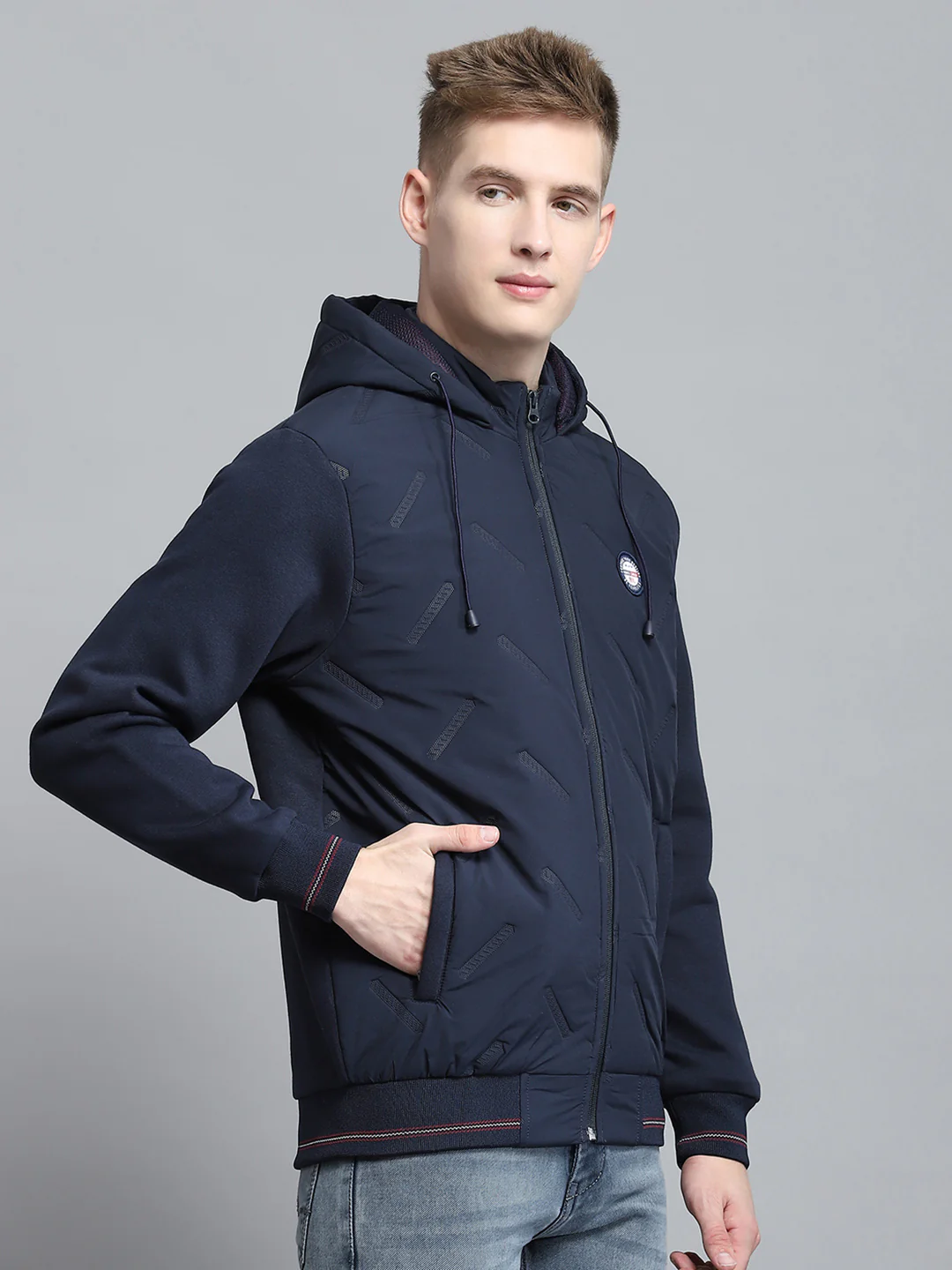 Men Navy Blue Solid Hooded Full Sleeve Sweatshirt - Image 4