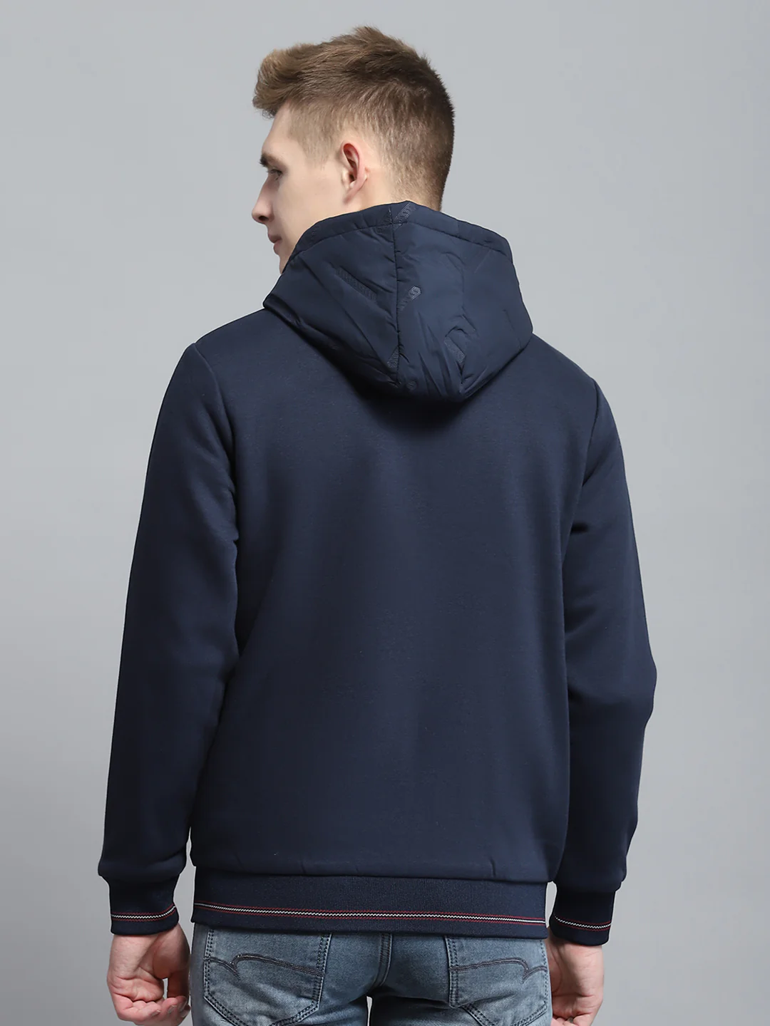 Men Navy Blue Solid Hooded Full Sleeve Sweatshirt - Image 5