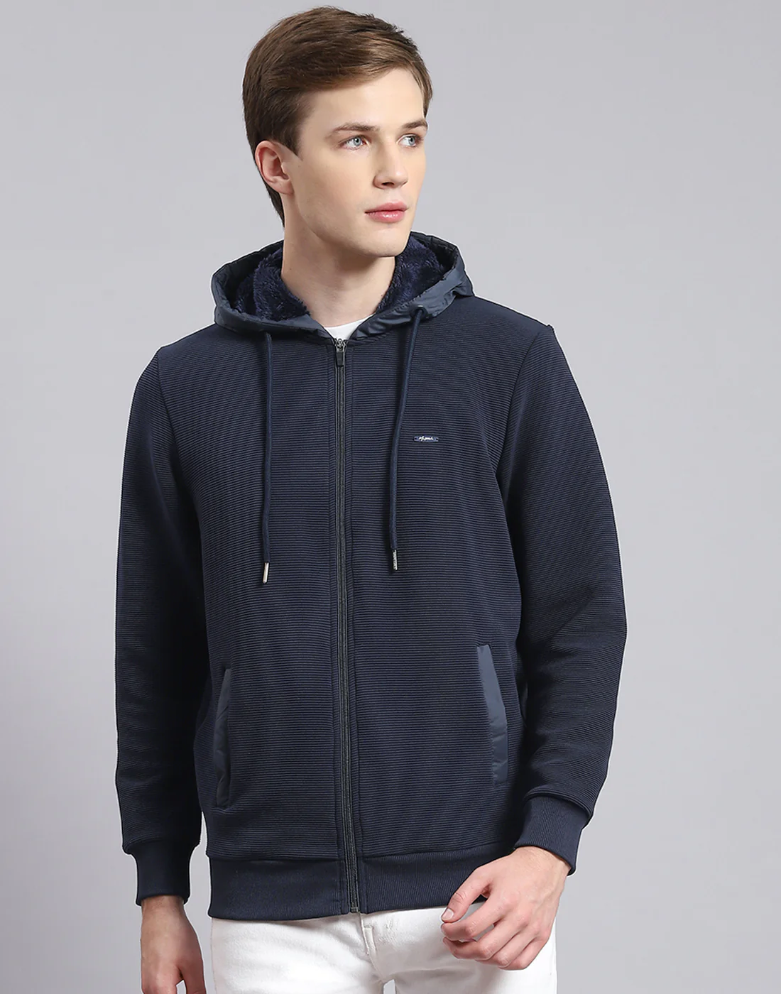 Men Navy Blue Solid Hooded Full Sleeve Sweatshirt - Image 2
