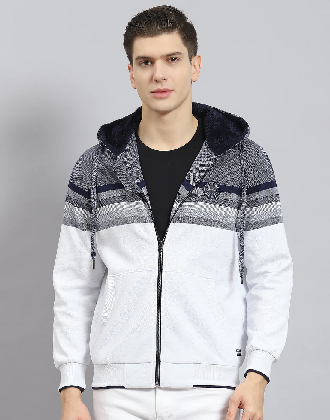 Men Navy Blue Solid Hooded Full Sleeve Sweatshirt - Image 3