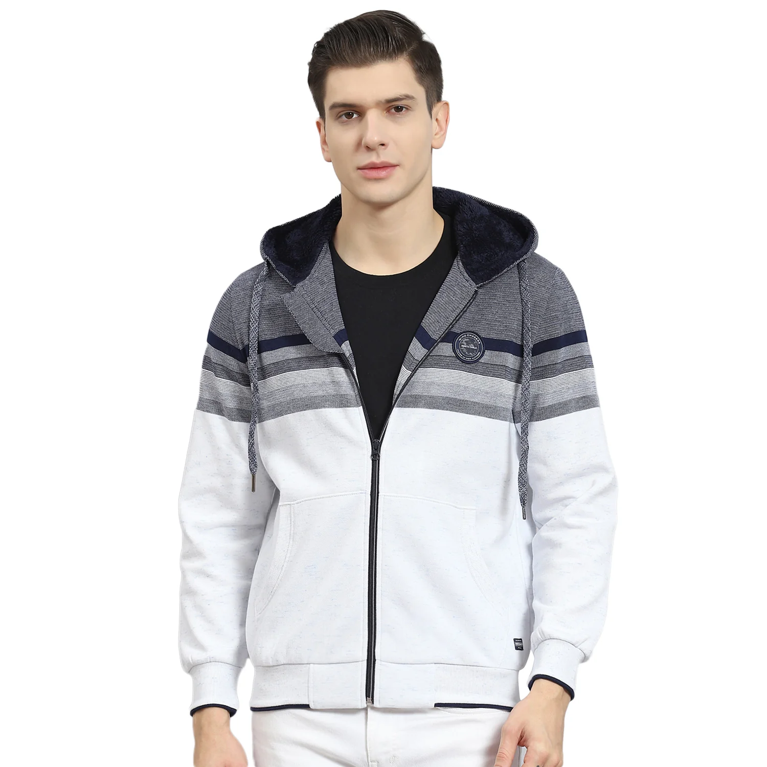 Men Navy Blue Solid Hooded Full Sleeve Sweatshirt - Image 5