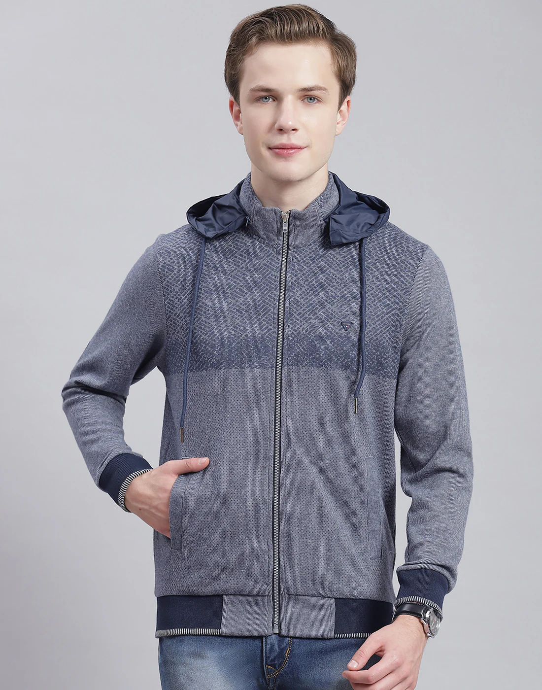 Men Navy Blue Solid Hooded Full Sleeve Sweatshirt - Image 3
