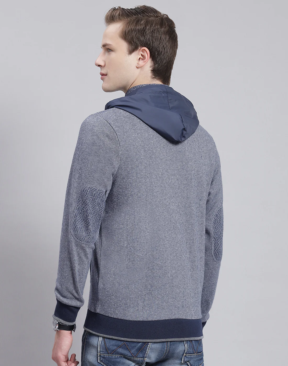 Men Navy Blue Solid Hooded Full Sleeve Sweatshirt - Image 5