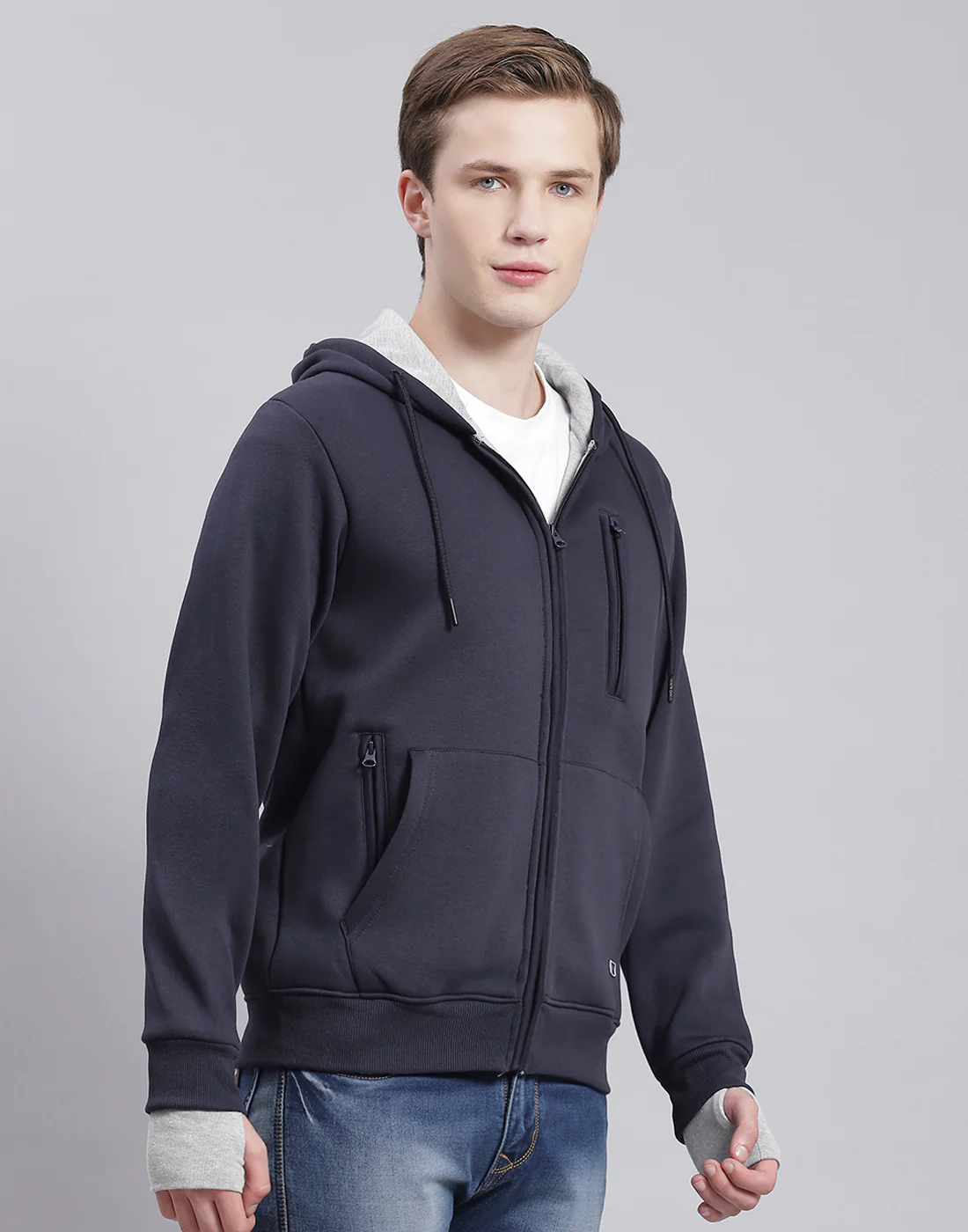 Men Navy Blue Solid Hooded Full Sleeve Sweatshirt - Image 5