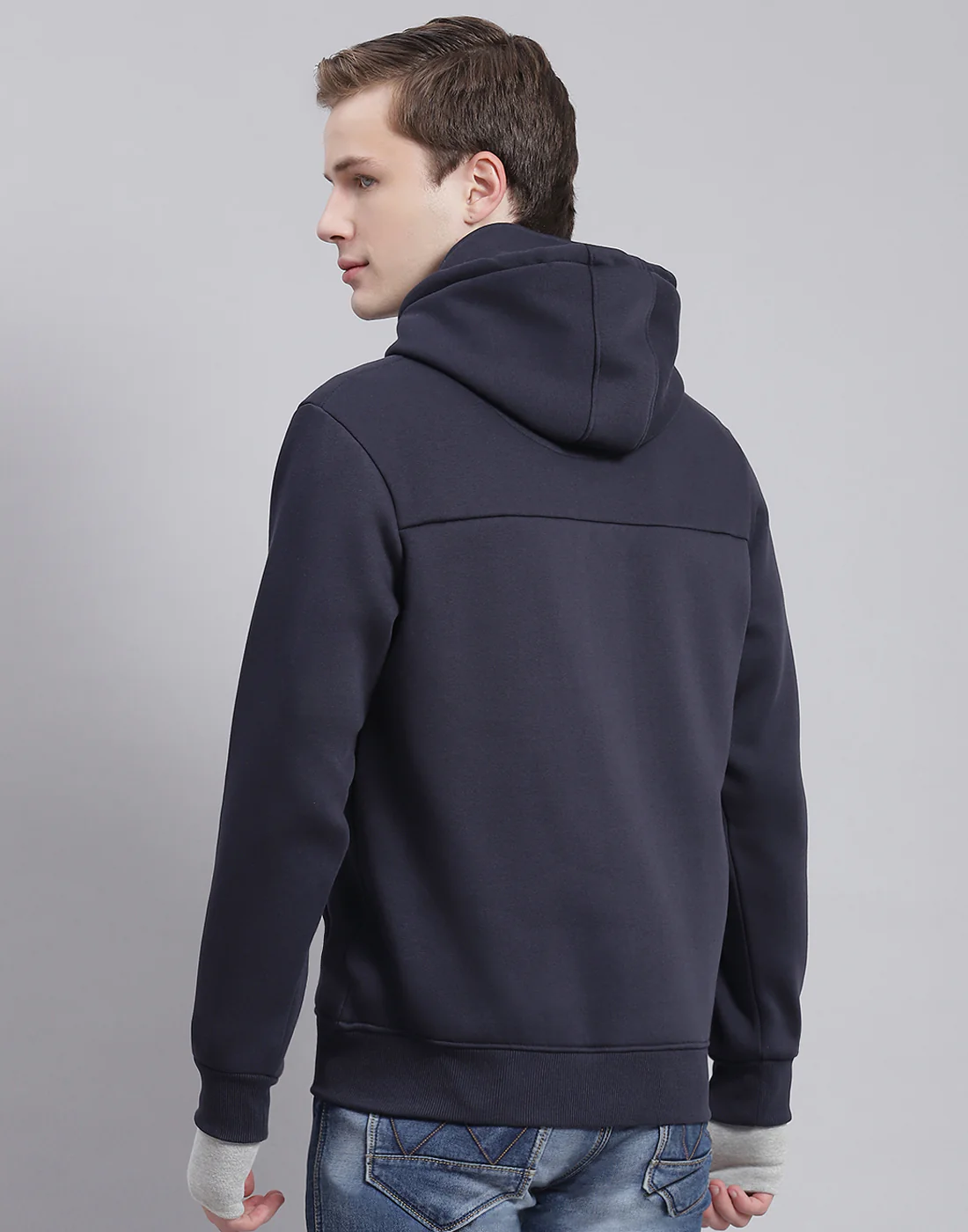 Men Navy Blue Solid Hooded Full Sleeve Sweatshirt - Image 6