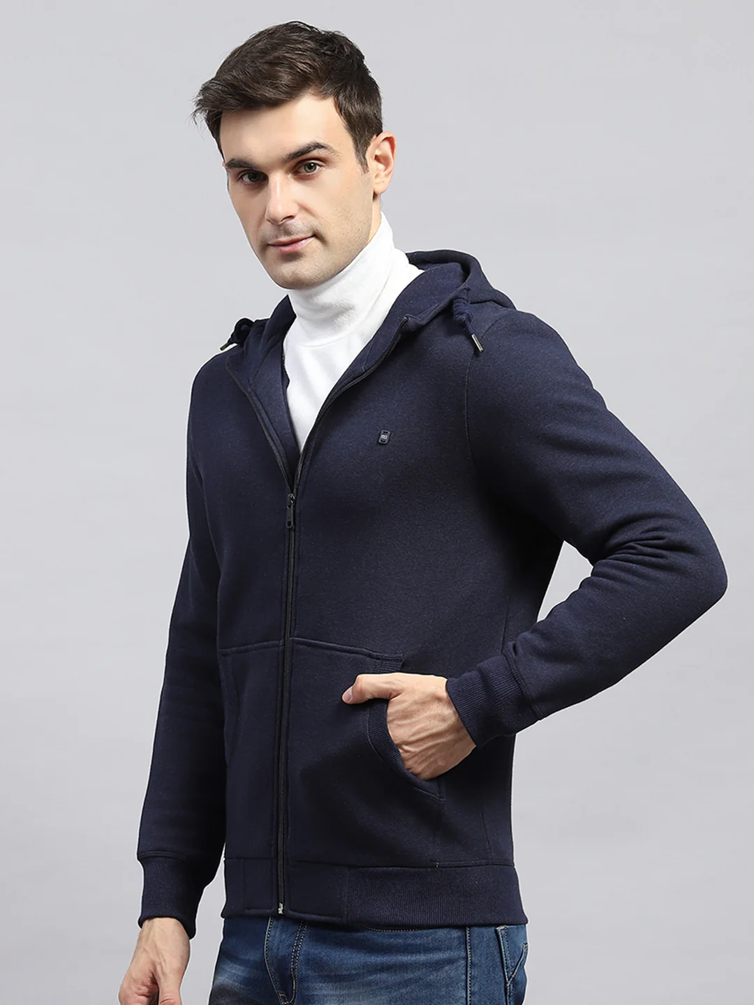 Men Navy Blue Solid Hooded Full Sleeve Sweatshirt - Image 3