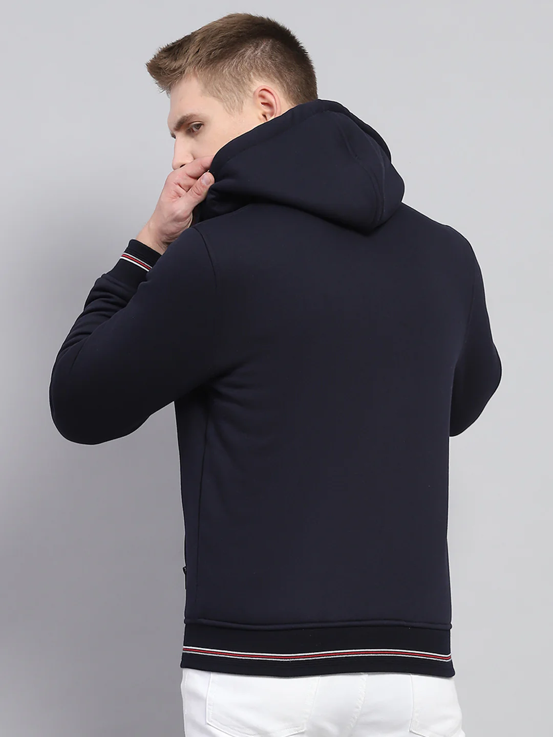 Men Navy Blue Solid Hooded Full Sleeve Sweatshirt - Image 5