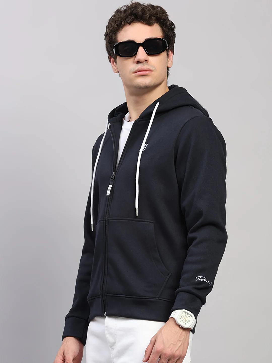 Rock.it Men Navy Blue Solid Hooded Full Sleeve Sweatshirt - Image 3