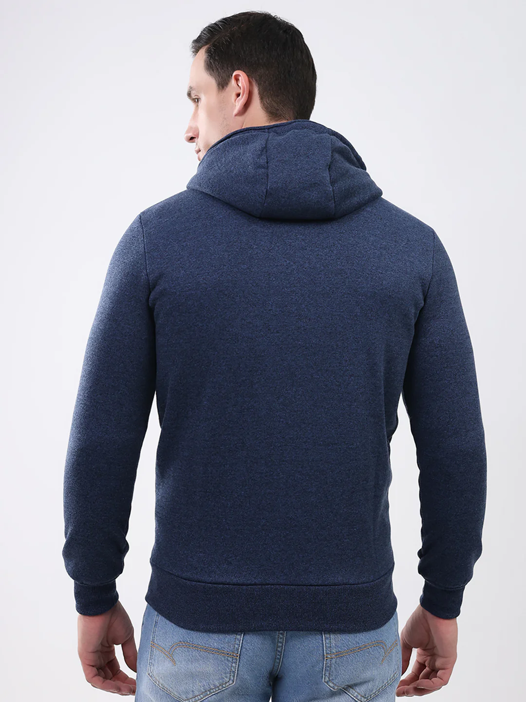 Men Navy Blue Solid Hooded Full Sleeve Sweatshirt - Image 5