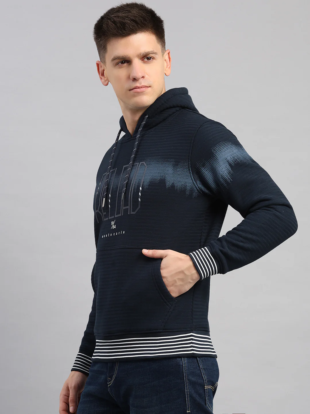 Men Navy Blue Solid Hooded Full Sleeve Sweatshirt - Image 3