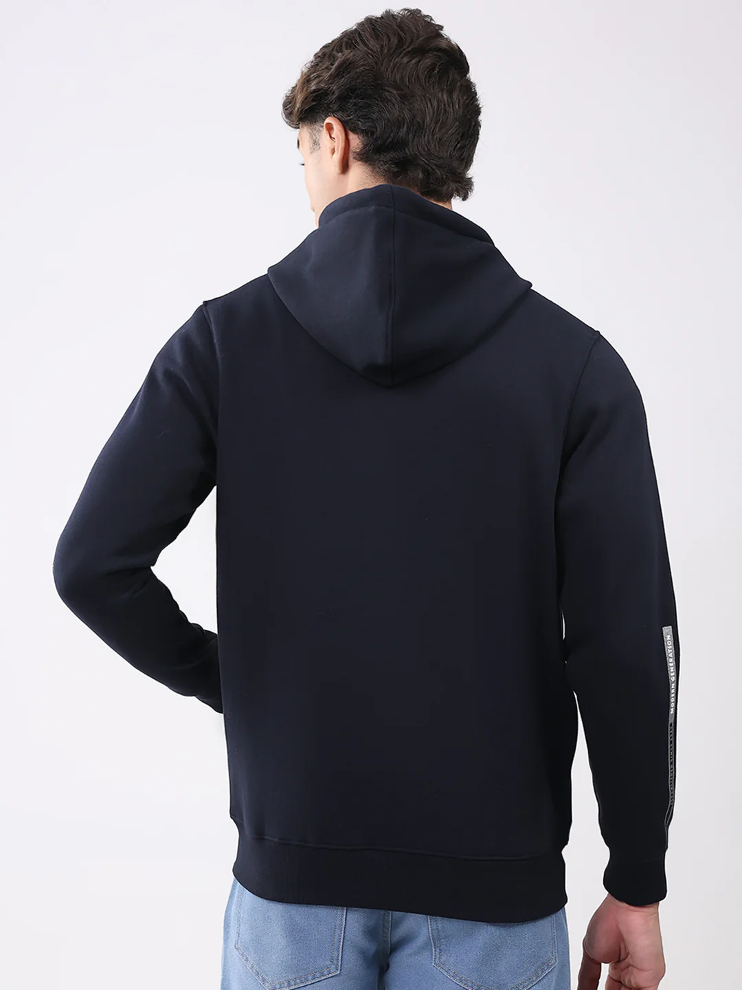 Men Navy Blue Solid Hooded Full Sleeve Sweatshirt - Image 5
