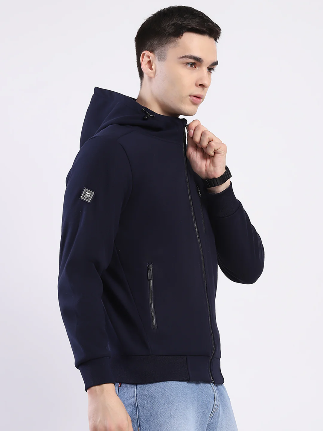 Men Navy Blue Solid Hooded Full Sleeve Sweatshirt - Image 4