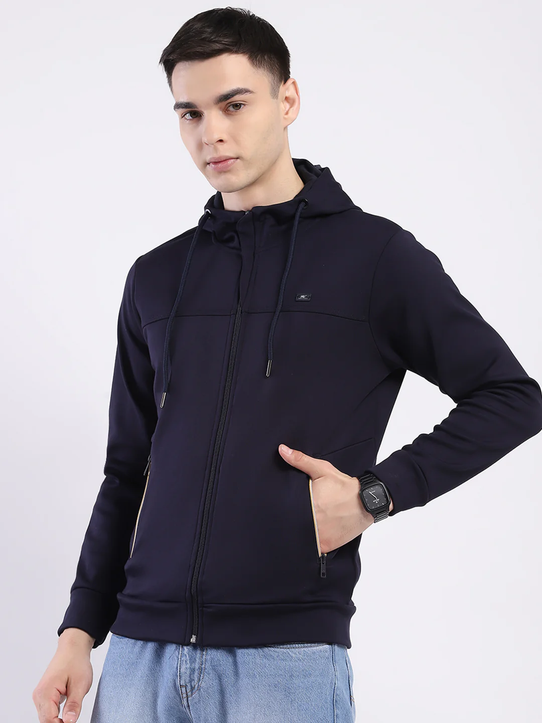 Men Navy Blue Solid Hooded Full Sleeve Sweatshirt - Image 3