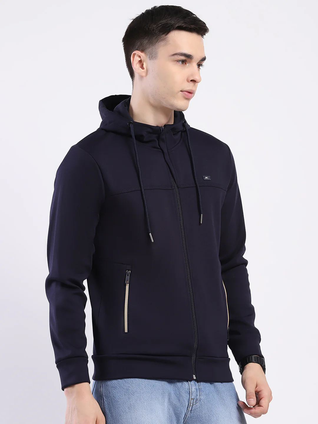 Men Navy Blue Solid Hooded Full Sleeve Sweatshirt - Image 4