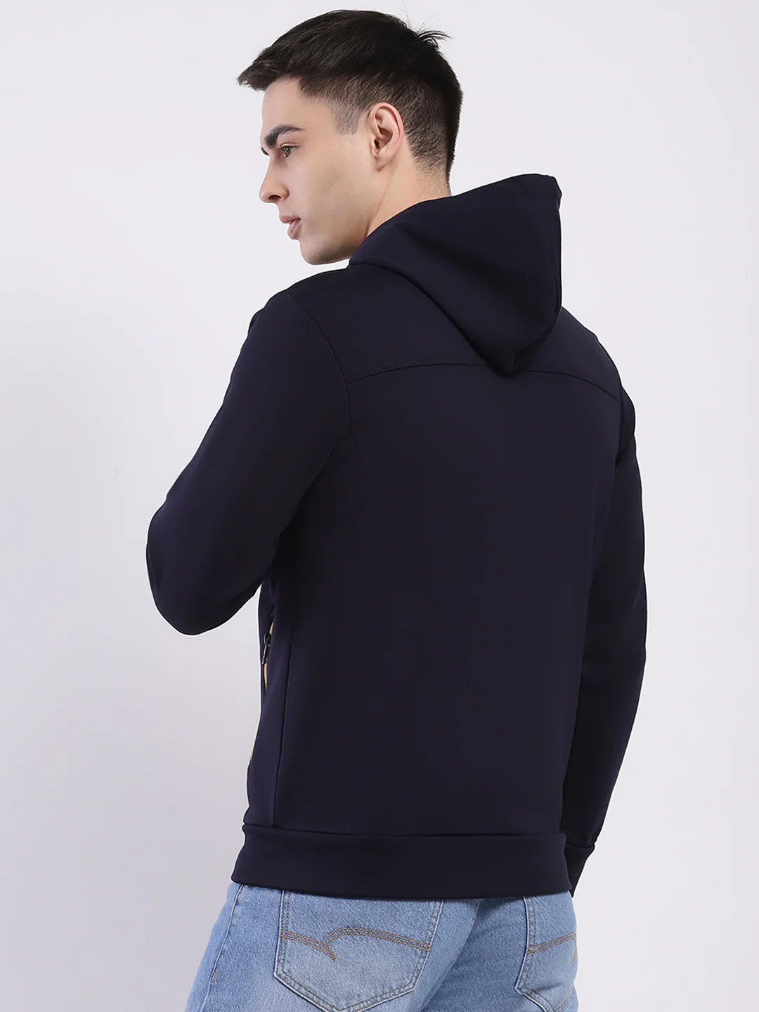 Men Navy Blue Solid Hooded Full Sleeve Sweatshirt - Image 5