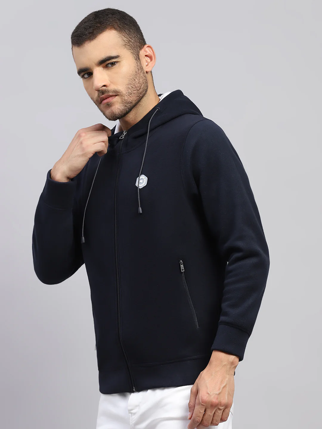 Men Navy Blue Solid Hooded Full Sleeve Sweatshirt - Image 3