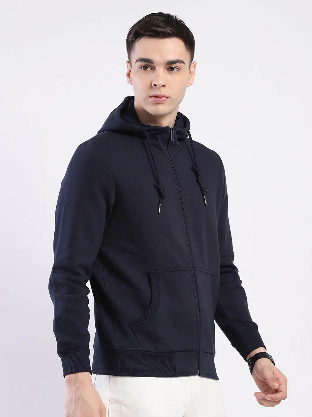 Men Navy Blue Solid Hooded Full Sleeve Sweatshirt - Image 4