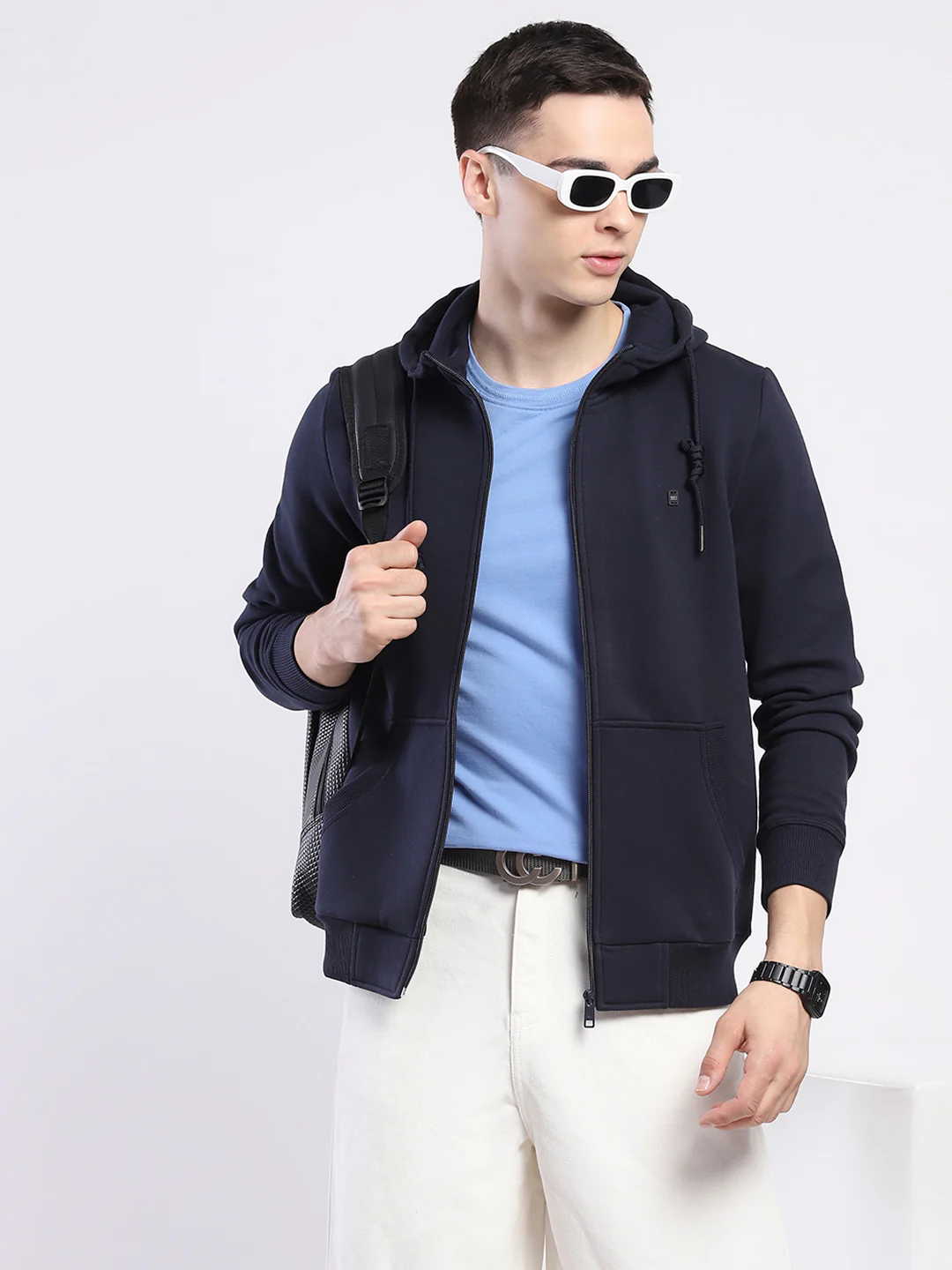 Men Navy Blue Solid Hooded Full Sleeve Sweatshirt - Image 6
