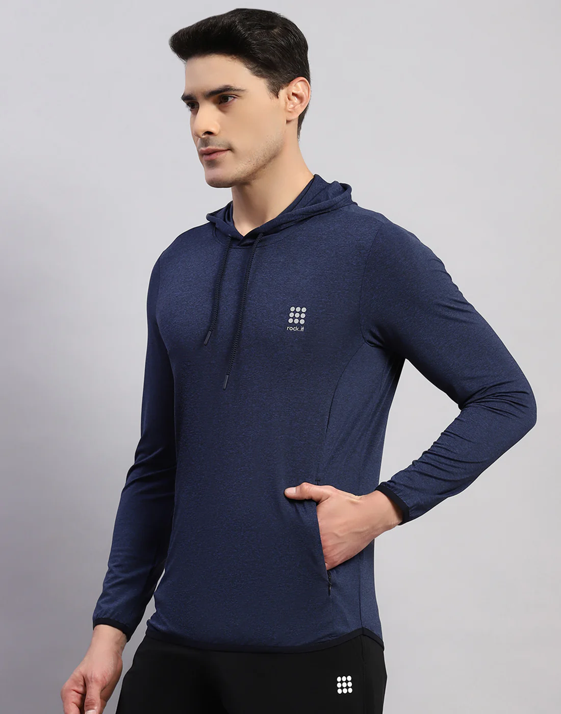 Rock.it Men Navy Blue Solid Hooded Full Sleeve T-Shirt - Image 3