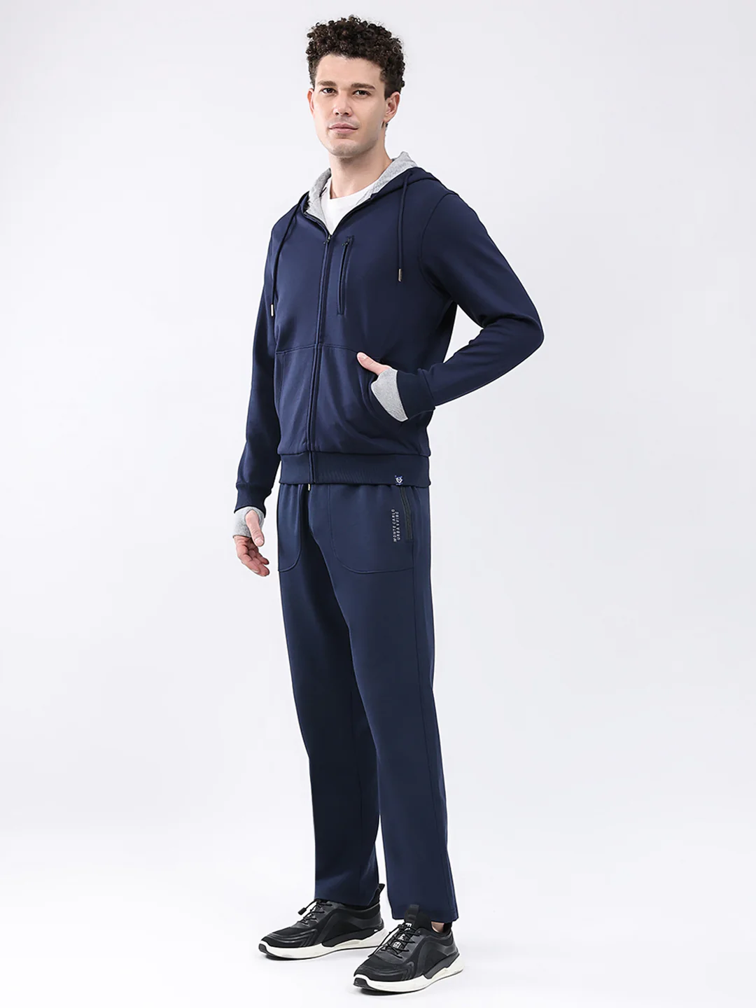 Men Navy Blue Solid Hooded Full Sleeve Winter Tracksuit - Image 3