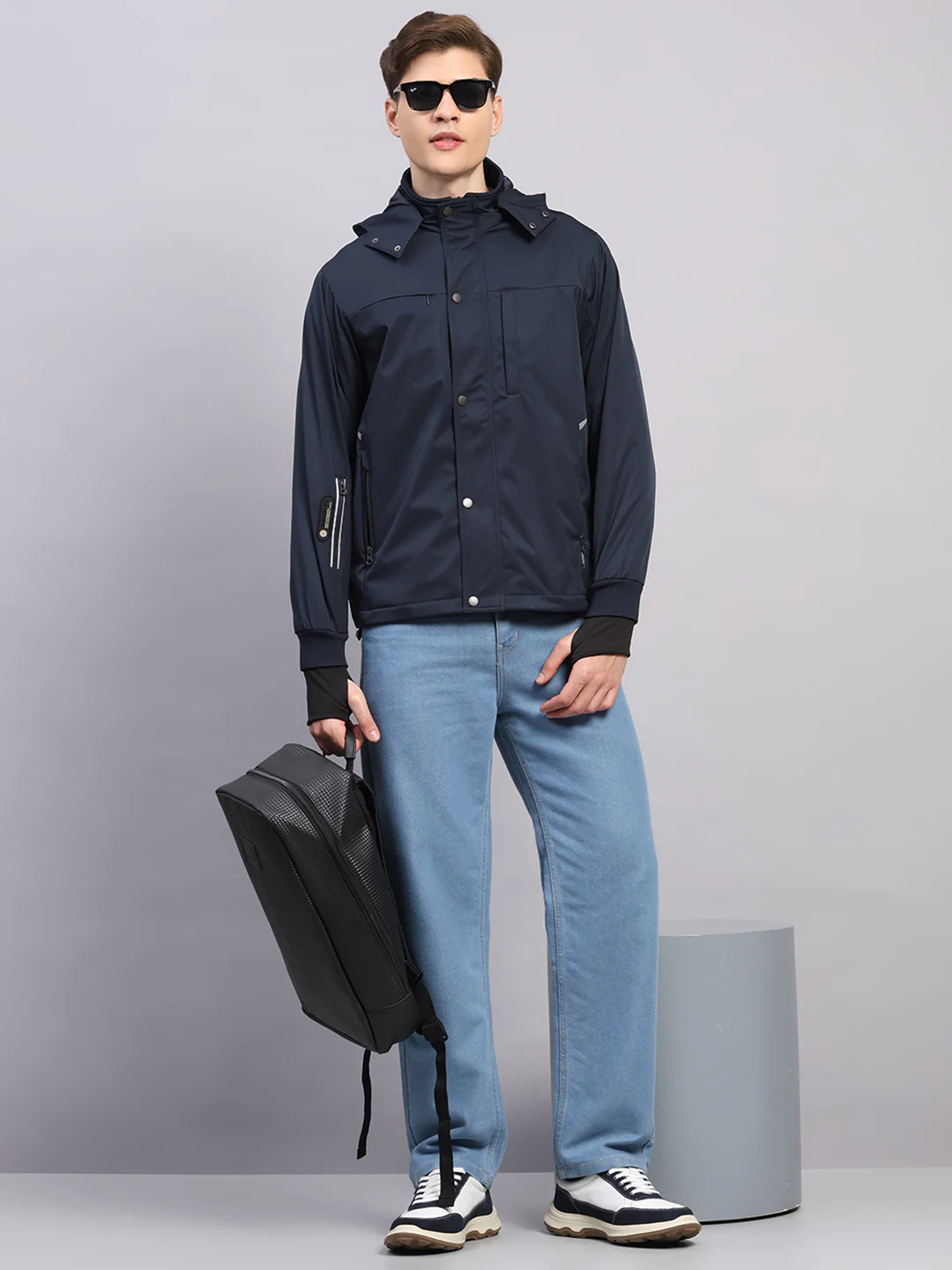 Men Navy Blue Solid Hooded Traveller Jacket With Night Visibility Reflective Strip - Image 2