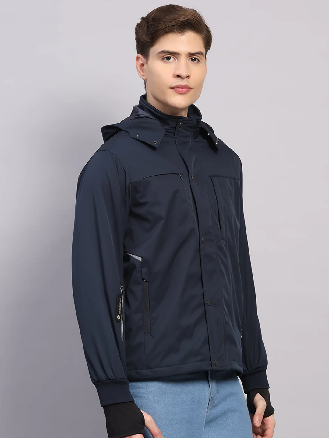 Men Navy Blue Solid Hooded Traveller Jacket With Night Visibility Reflective Strip - Image 4