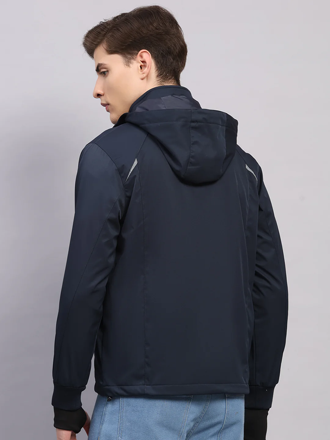 Men Navy Blue Solid Hooded Traveller Jacket With Night Visibility Reflective Strip - Image 5
