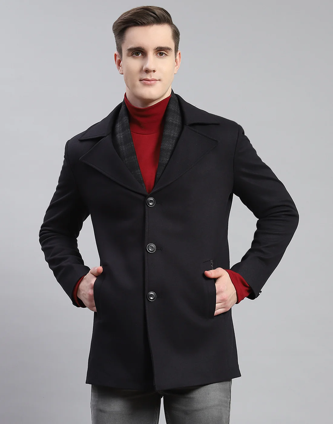 Men Navy Blue Solid Lapel Collar Full Sleeve Coat - Image 2