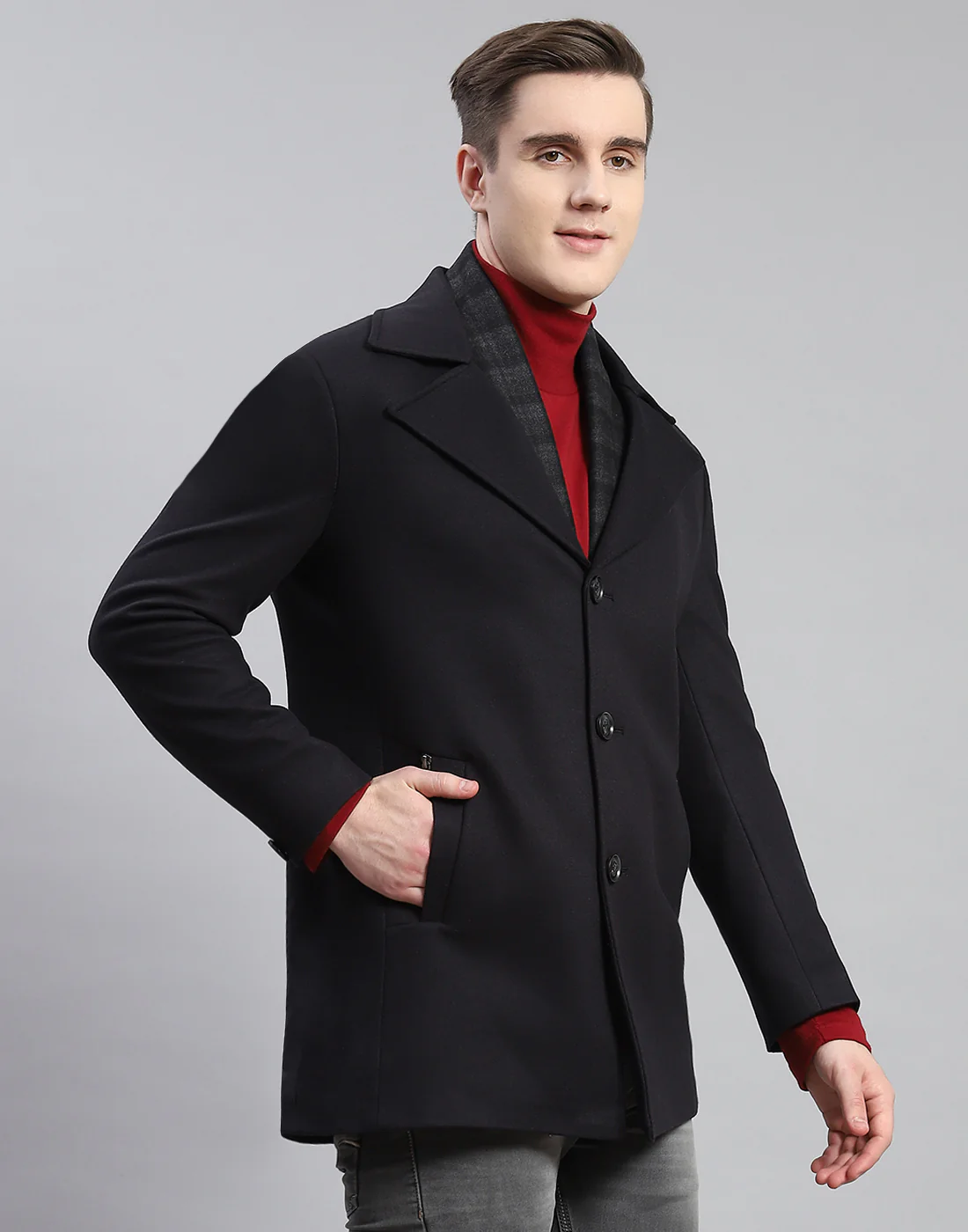 Men Navy Blue Solid Lapel Collar Full Sleeve Coat - Image 4