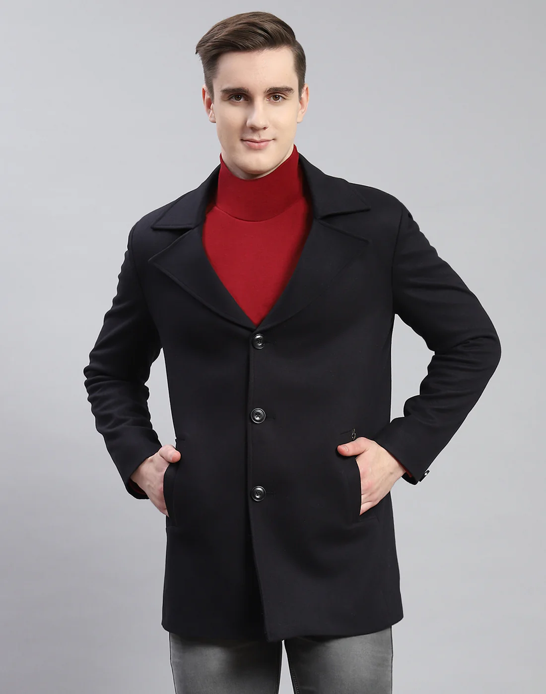 Men Navy Blue Solid Lapel Collar Full Sleeve Coat - Image 6