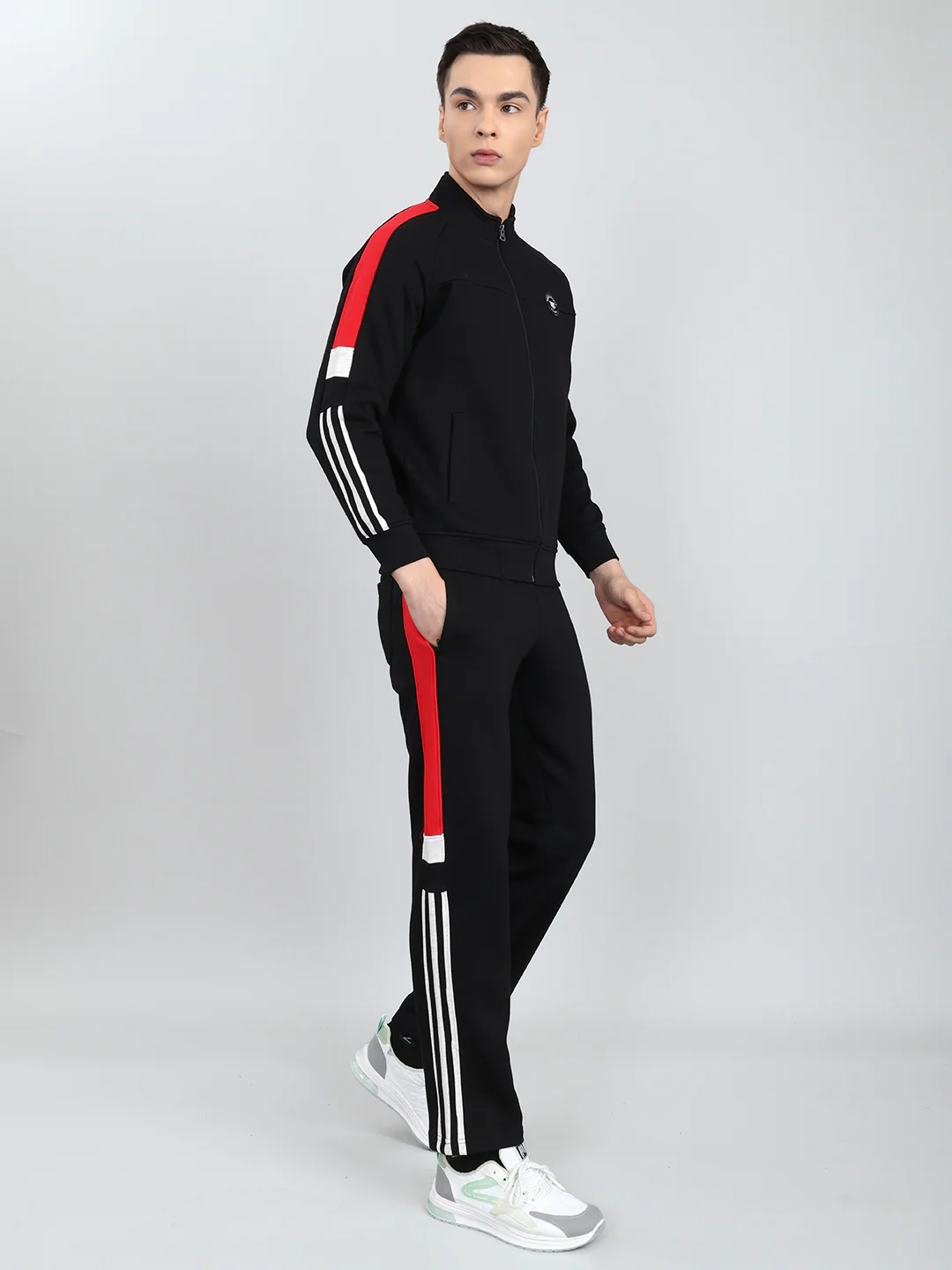 Men Navy Blue Solid Mandarin Collar Full Sleeve Winter Tracksuit - Image 3