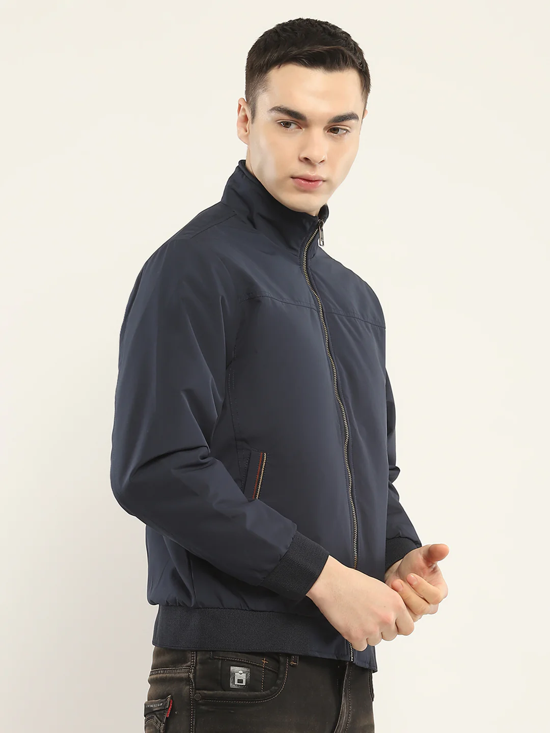 Men Navy Blue Solid Mock Neck Full Sleeve Jacket - Image 4