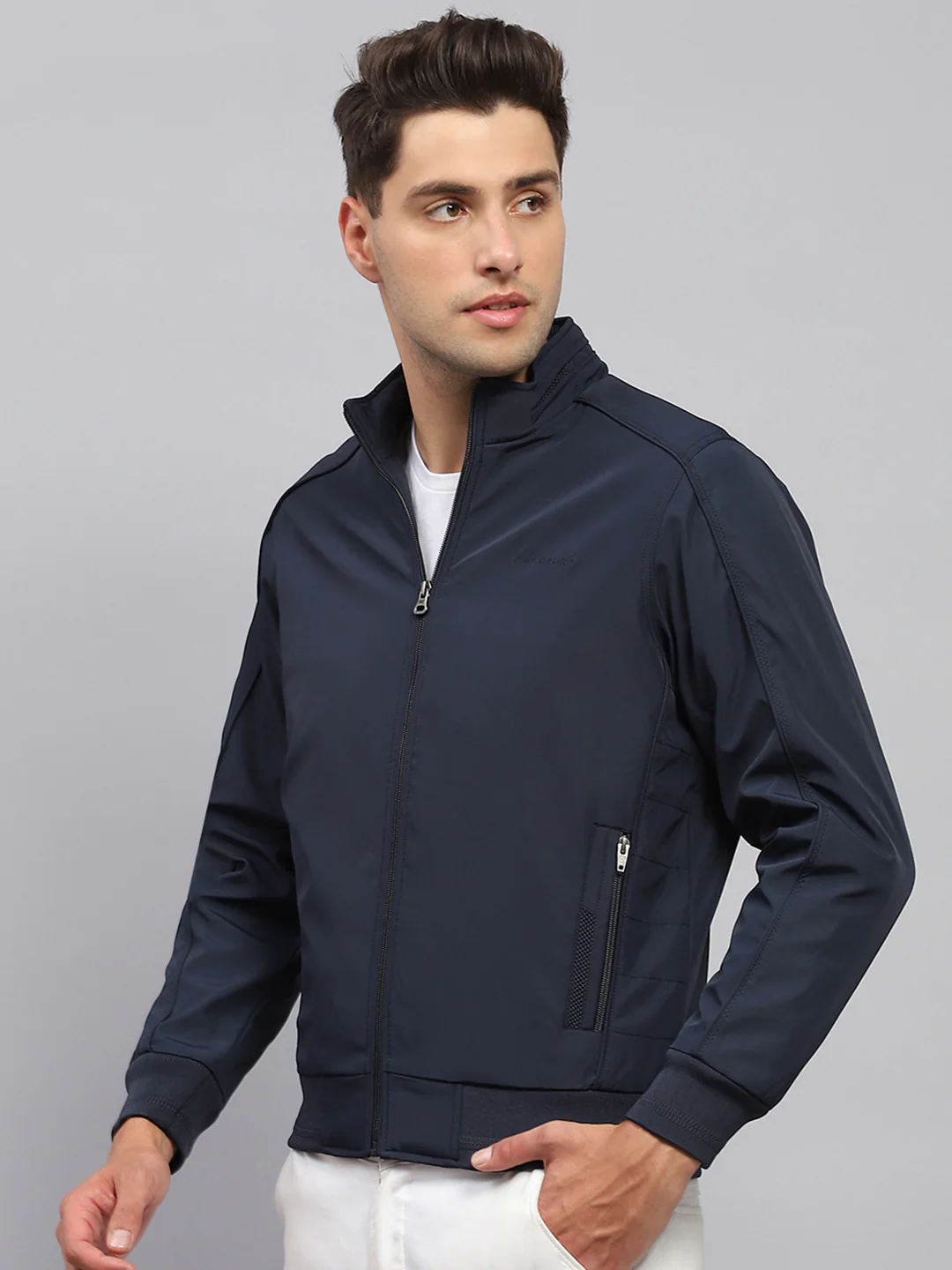 Men Navy Blue Solid Mock Neck Full Sleeve Jacket - Image 3