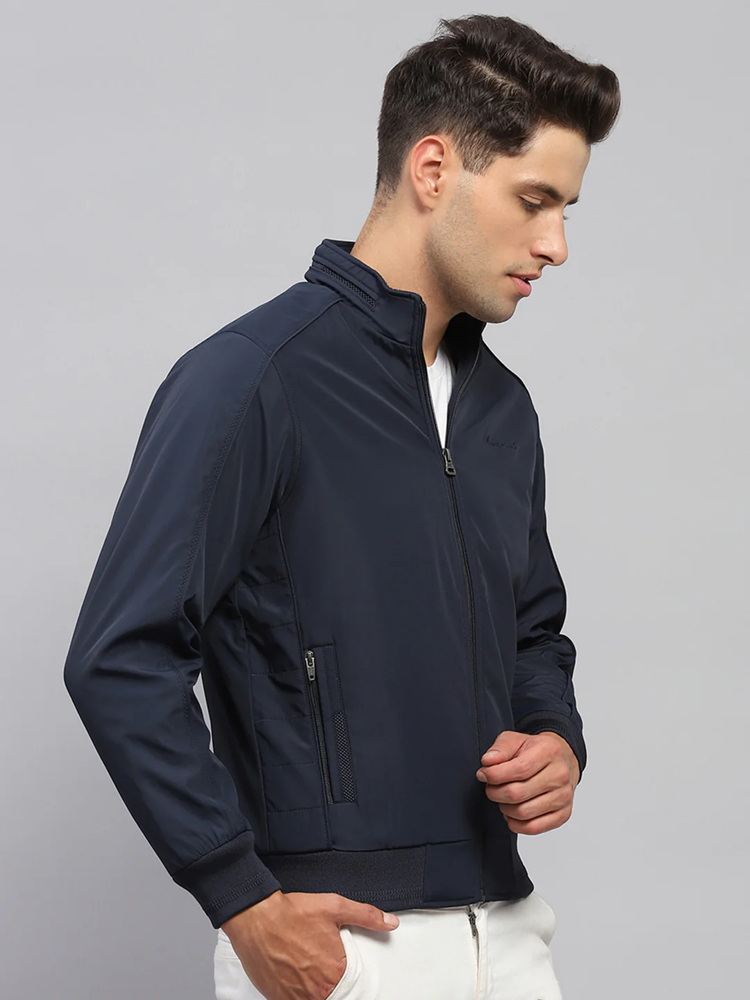 Men Navy Blue Solid Mock Neck Full Sleeve Jacket - Image 4
