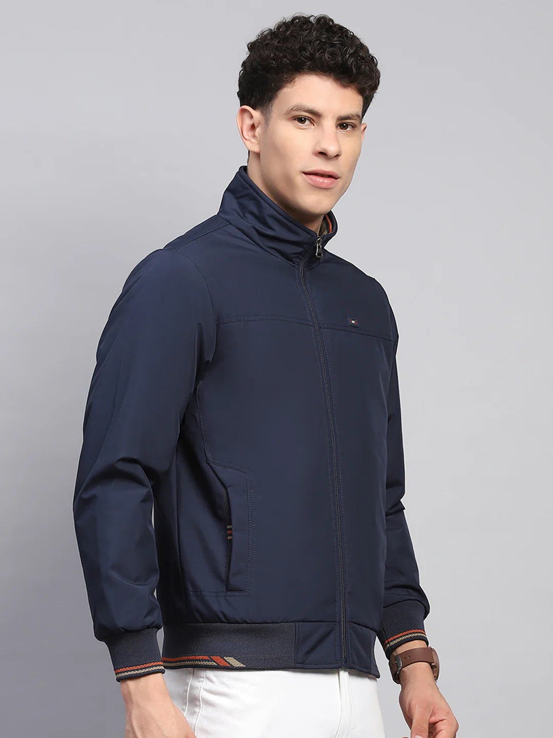Men Navy Blue Solid Mock Neck Full Sleeve Jacket - Image 4