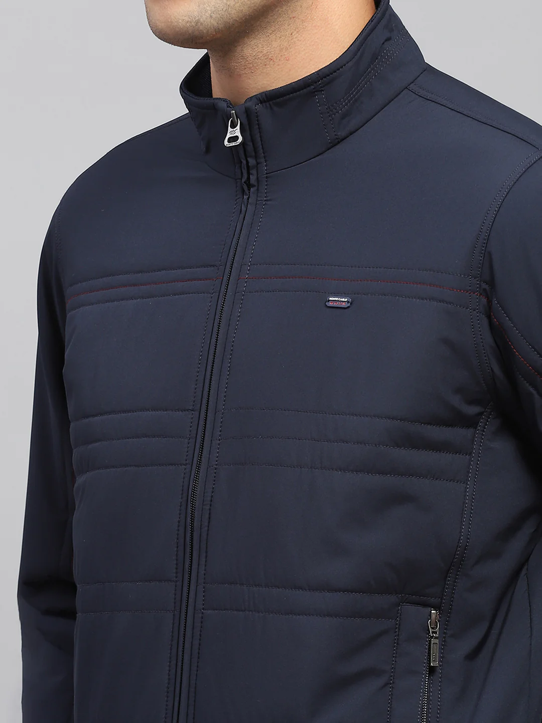 Men Navy Blue Solid Mock Neck Full Sleeve Jacket - Image 6