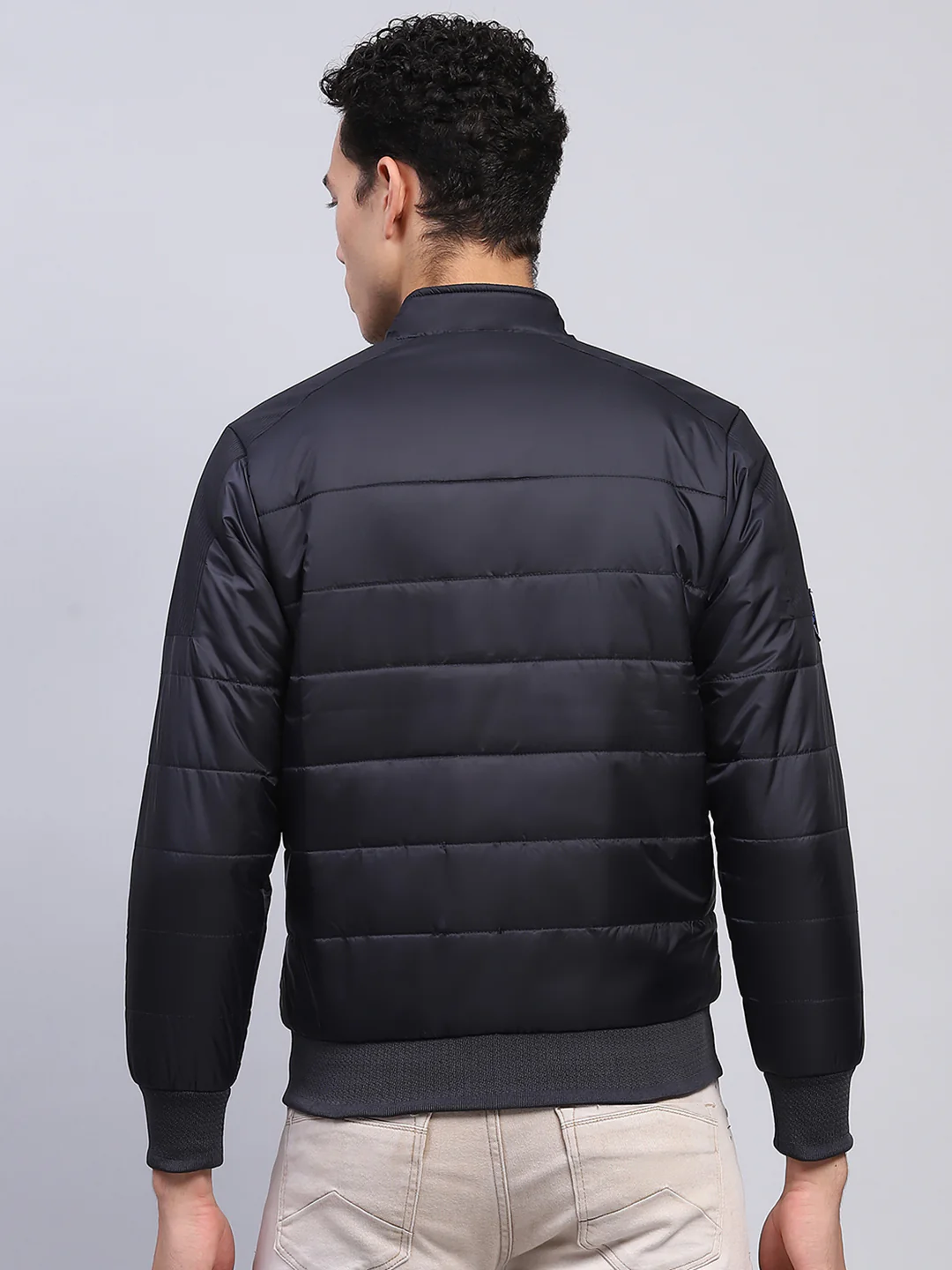 Men Navy Blue Solid Mock Neck Full Sleeve Jacket - Image 5